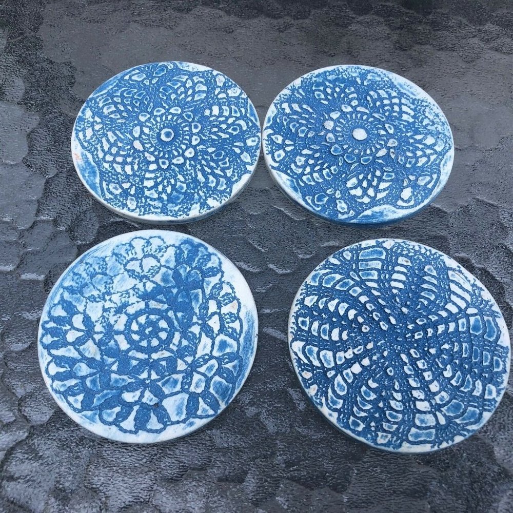 Vintage Blue Floral Textured Pottery Coasters Stoneware signed set of 4